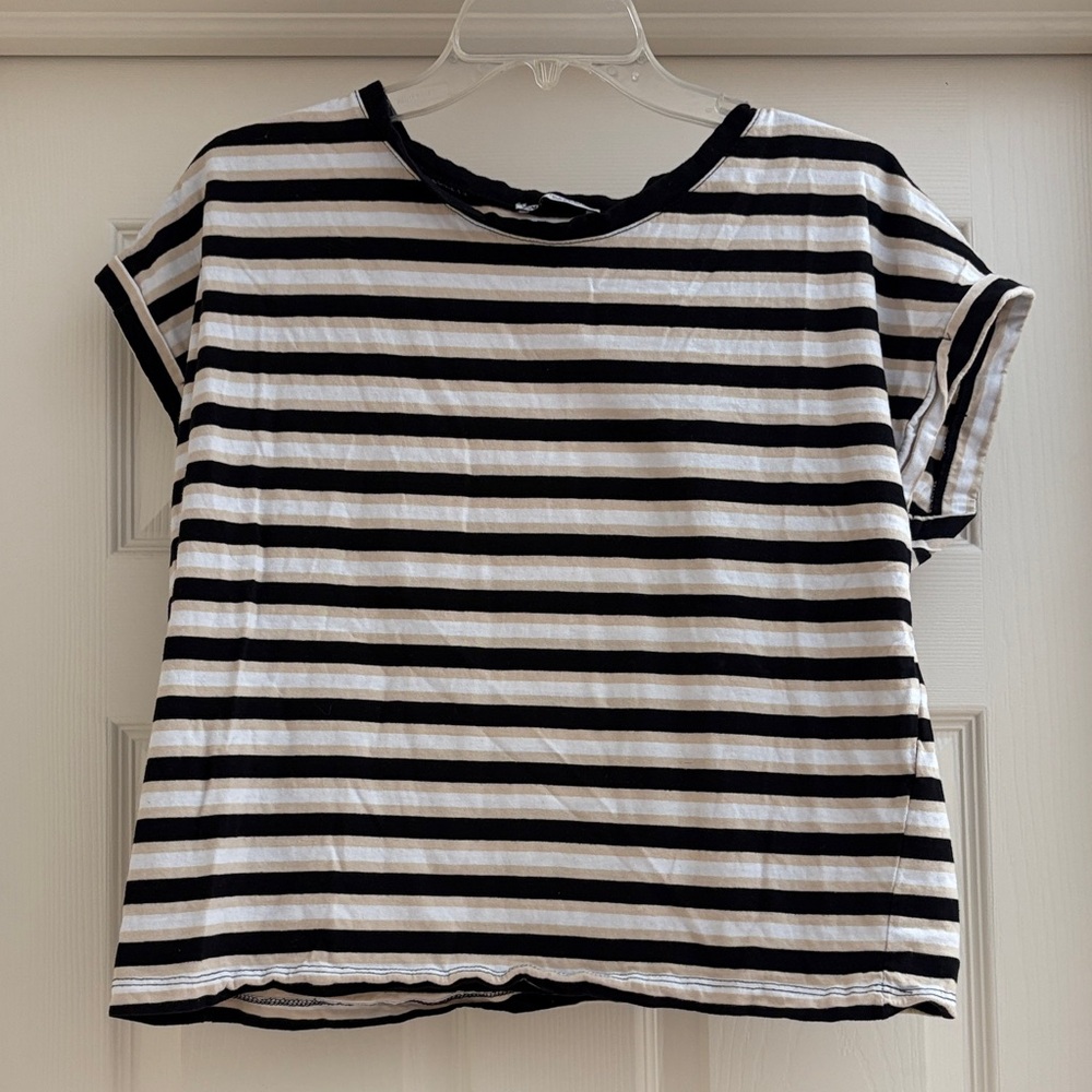 Zara Black, White, and Tan  Striped Muscle Tee